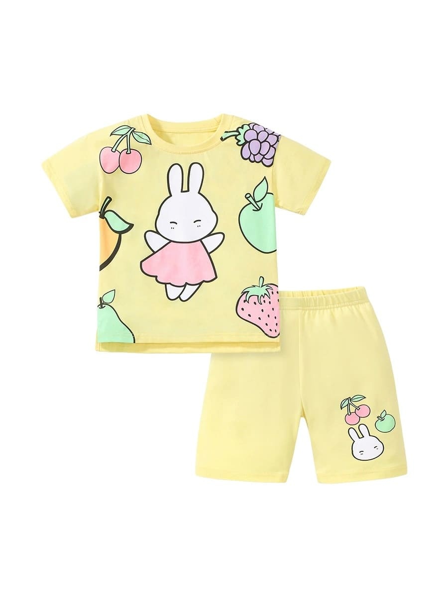 Kid Girls 2-Piece Bunny & Fruit Print Cotton Tee & Shorts Set