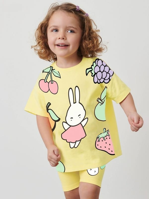 Kid Girls 2-Piece Bunny & Fruit Print Cotton Tee & Shorts Set