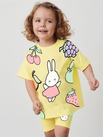 Kid Girls 2-Piece Bunny & Fruit Print Cotton Tee & Shorts Set