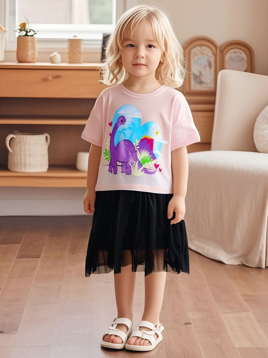 Kid Girls 2pcs Cotton Tee With Dinosaur Print and Mesh Dress Set