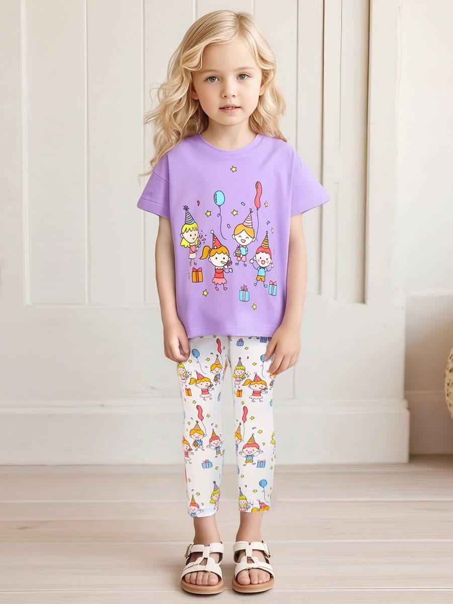 Girls 2pcs Cotton Tee & Pants Set with Playful Cartoon character Print