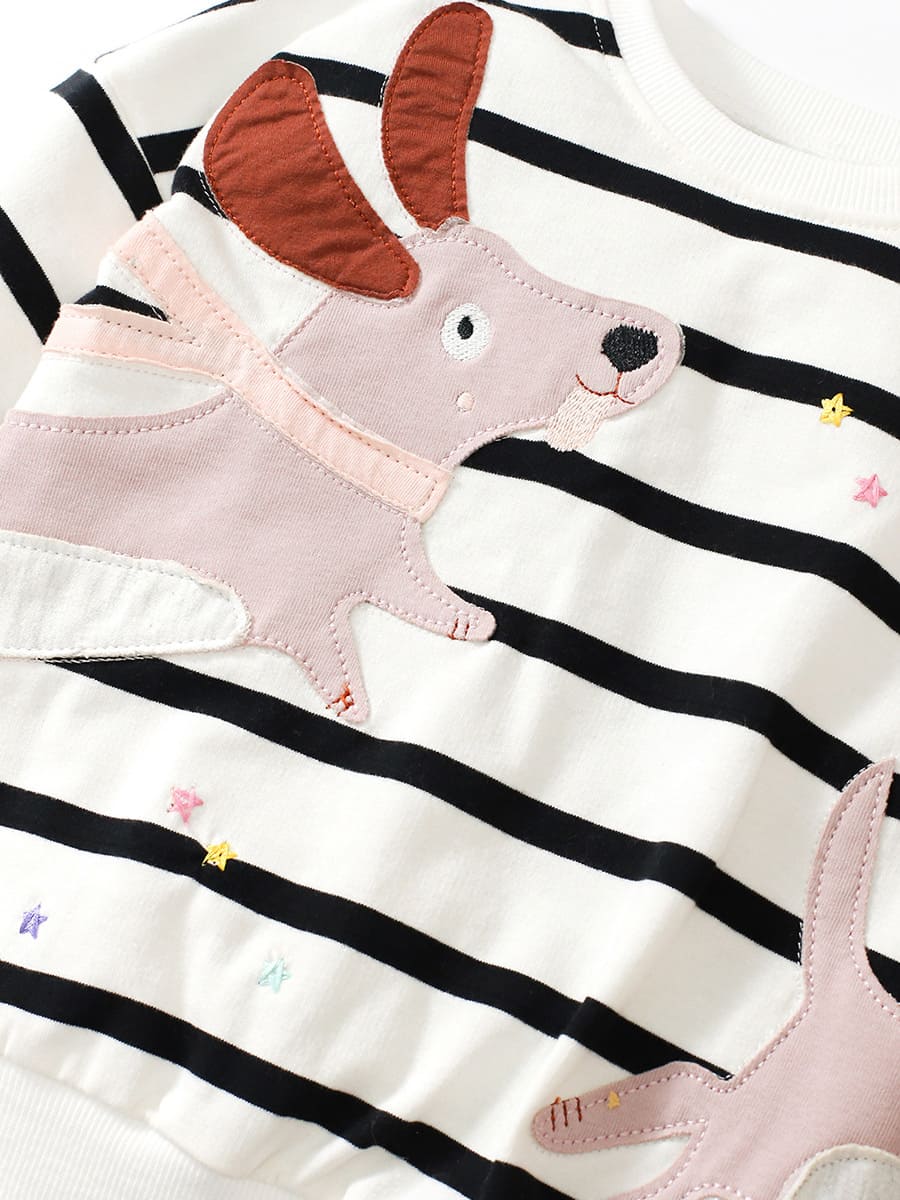 Kid Girls 2pcs Cute Puppy Embroidery Striped Sweatshirt and Pants Set