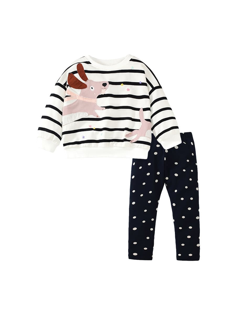 Kid Girls 2pcs Cute Puppy Embroidery Striped Sweatshirt and Pants Set