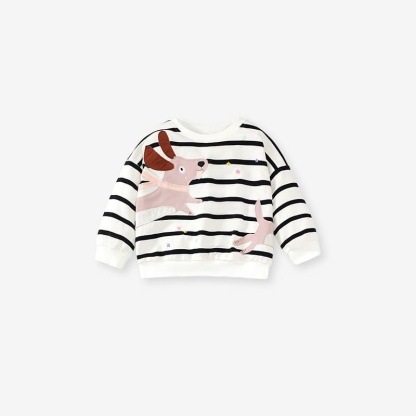 Kid Girls 2pcs Cute Puppy Embroidery Striped Sweatshirt and Pants Set