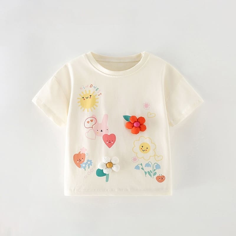 Kid Girls 3D Cartoon Floral Printed Cotton Short Sleeve Tee