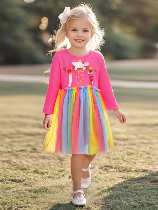 Kid Girls Cartoon Socks Applique Embroidery Cotton Colorful Mesh Dress