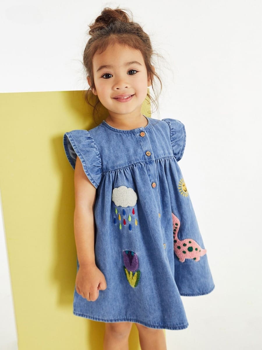 Little Maven Girls Casual Ruffle Sleeve Denim Dress with Embroidery