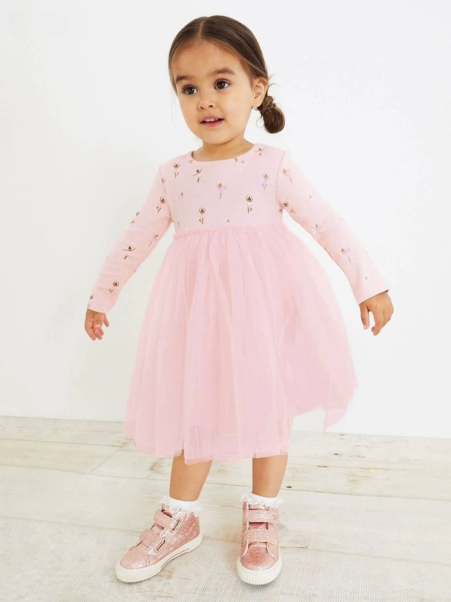 Kid Girls Character Printed Cotton Long Sleeve Mesh Dress