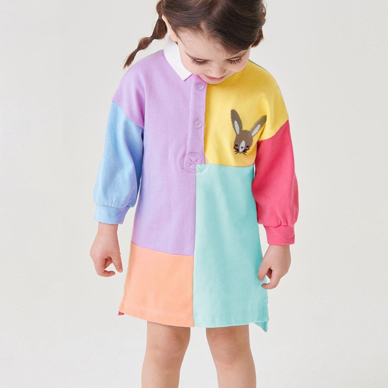 Little Maven Kid Girls Colorblock Cotton Dress with Cute Kangaroo Embroidery