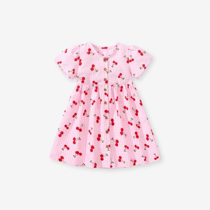 Adorable Girls Cotton Casual Dress with Playful Cherry Print