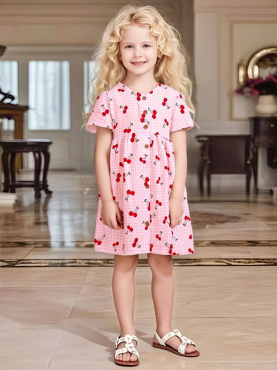 Little maven Adorable Girls Cotton Casual Dress with Playful Cherry Print