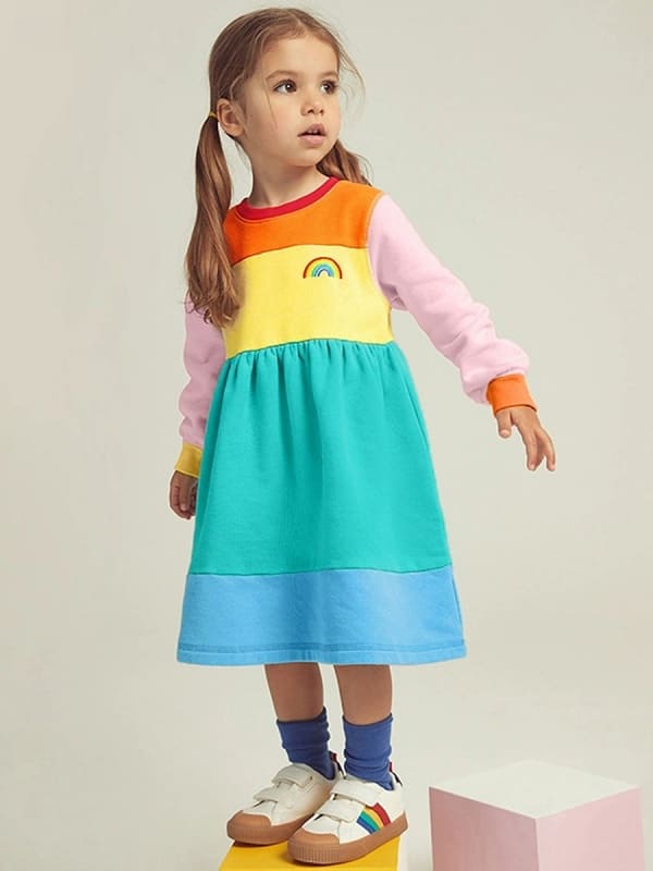 Kid Girls Cotton Colorblock Long Sleeve Dress with Rainbow Embroidery