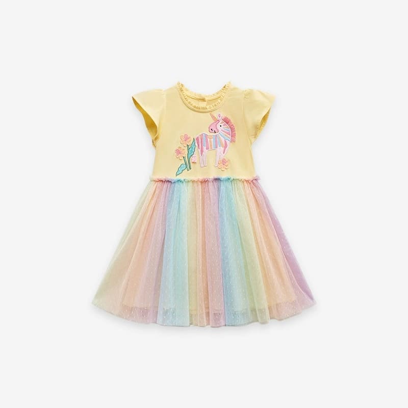 Enchanting Cotton Gradient Mesh Dress with Unicorn Embroidery for Girls