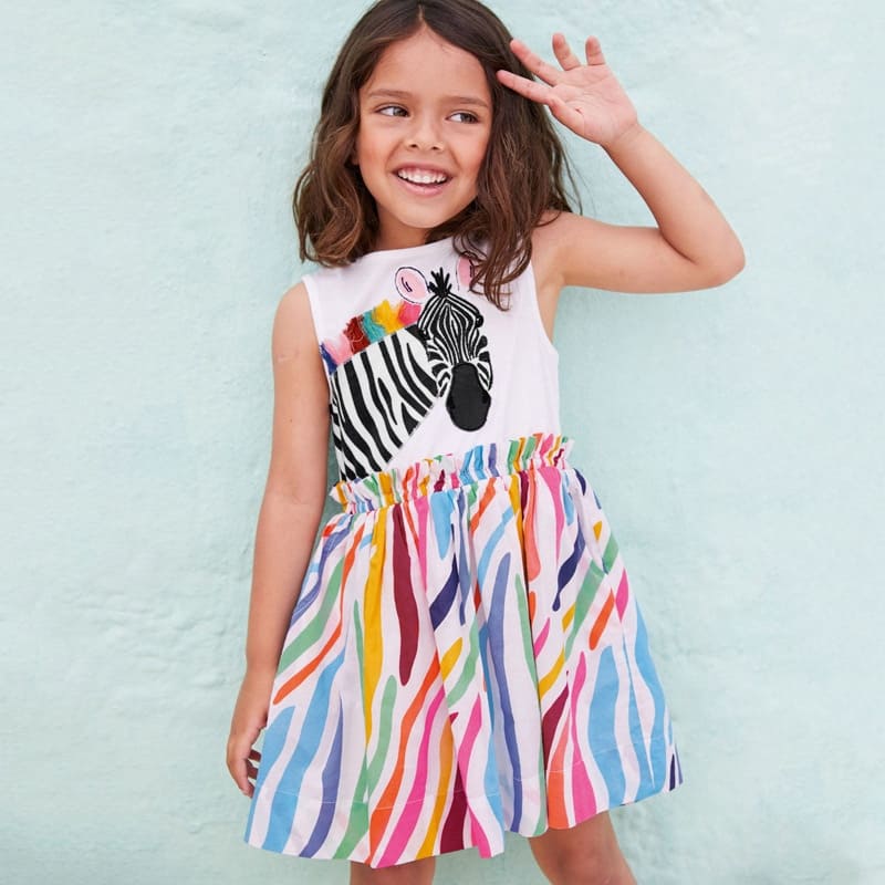 Little Maven Cotton Knit Sleeveless Dress for Girls | Zebra Embroidered Stripes