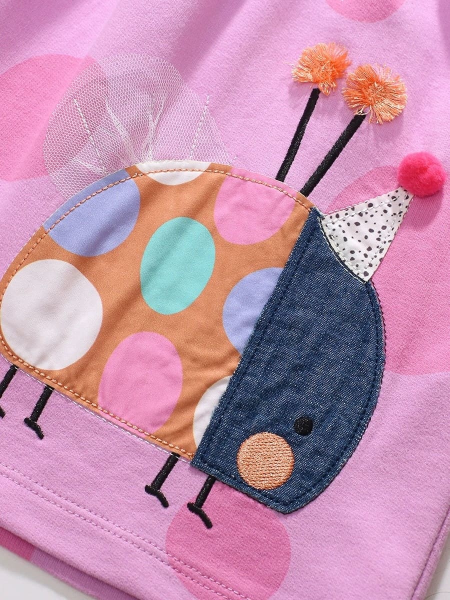 Kid Girls Cotton Machine Washable Dress with Animal Appliques