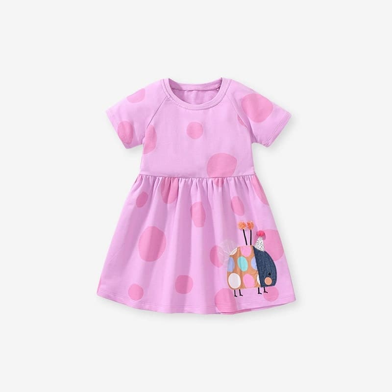 Kid Girls Cotton Machine Washable Dress with Animal Appliques