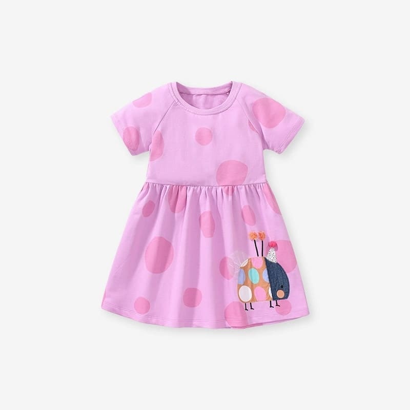 Kid Girls Cotton Machine Washable Dress with Animal Appliques