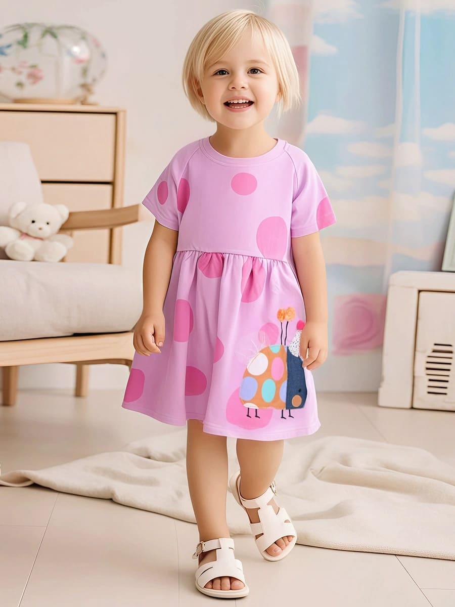 Kid Girls Cotton Machine Washable Dress with Animal Appliques