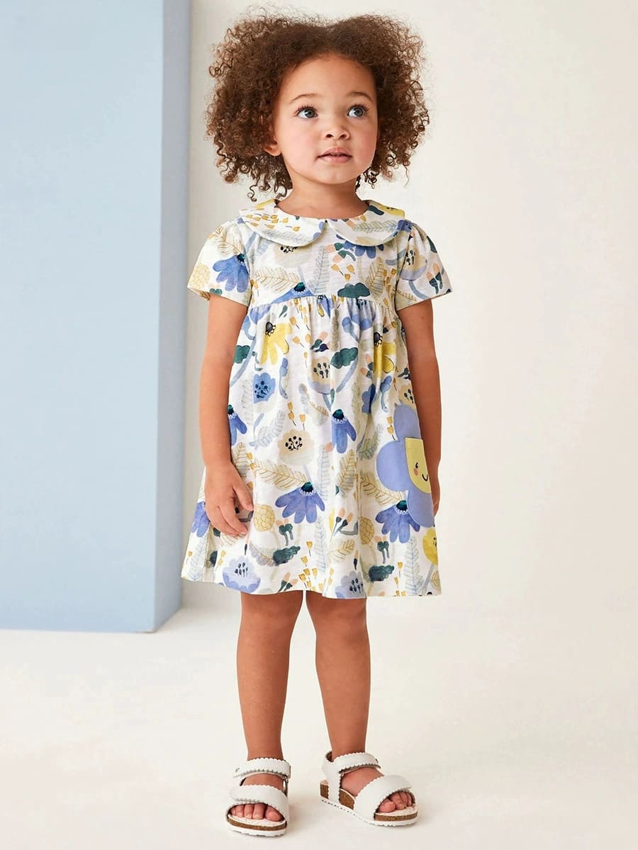 Kid Girls Cotton Machine Washable Dress with Cute Floral Print