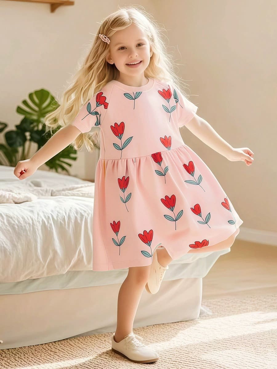 Kid Girls Cotton Machine Washable Dress with Red Flower Print