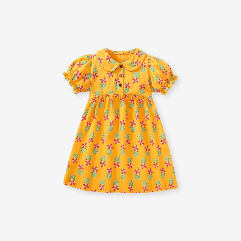 Kid Girls Cotton Open Cardigan Short Sleeve Dress with Floral Print