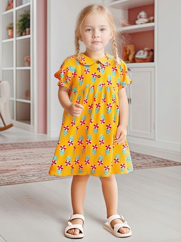 Kid Girls Cotton Open Cardigan Short Sleeve Dress with Floral Print
