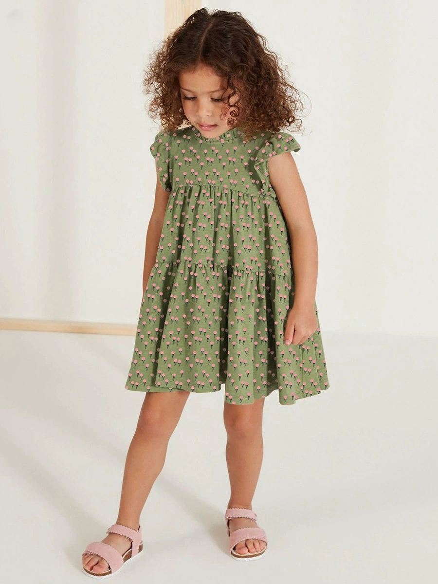 Kid Girls Cotton Ruffle Sleeve Dress with Flower Print