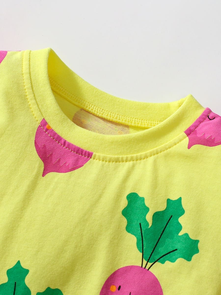 Kid Girls Cotton Short Sleeve Dress with Cute Carrot Print
