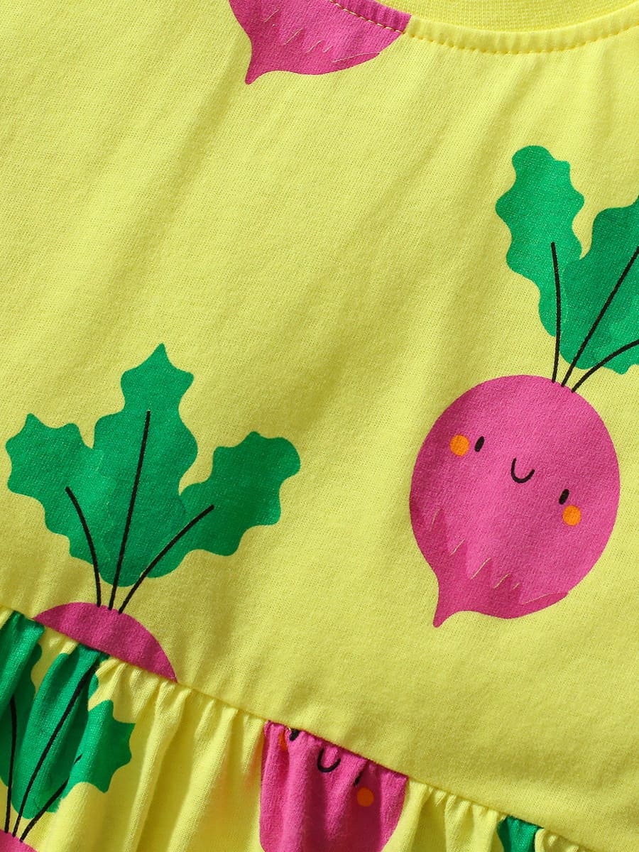 Kid Girls Cotton Short Sleeve Dress with Cute Carrot Print