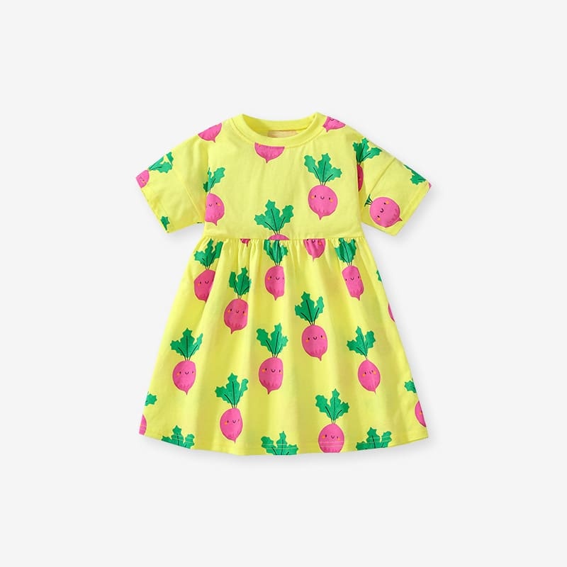 Kid Girls Cotton Short Sleeve Dress with Cute Carrot Print