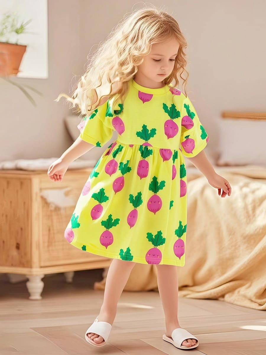 Little Maven Kid Girls Cotton Short Sleeve Dress with Cute Carrot Print