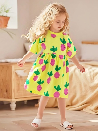 Little Maven Kid Girls Cotton Short Sleeve Dress with Cute Carrot Print