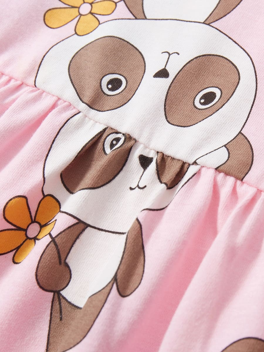 Adorable Panda Print Cotton Short Sleeve Dress for Kid Girls