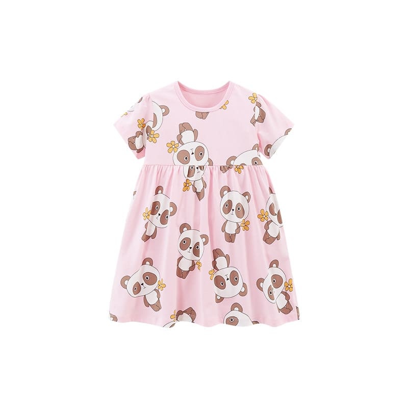 Adorable Panda Print Cotton Short Sleeve Dress for Kid Girls
