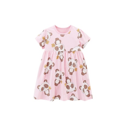 Adorable Panda Print Cotton Short Sleeve Dress for Kid Girls 