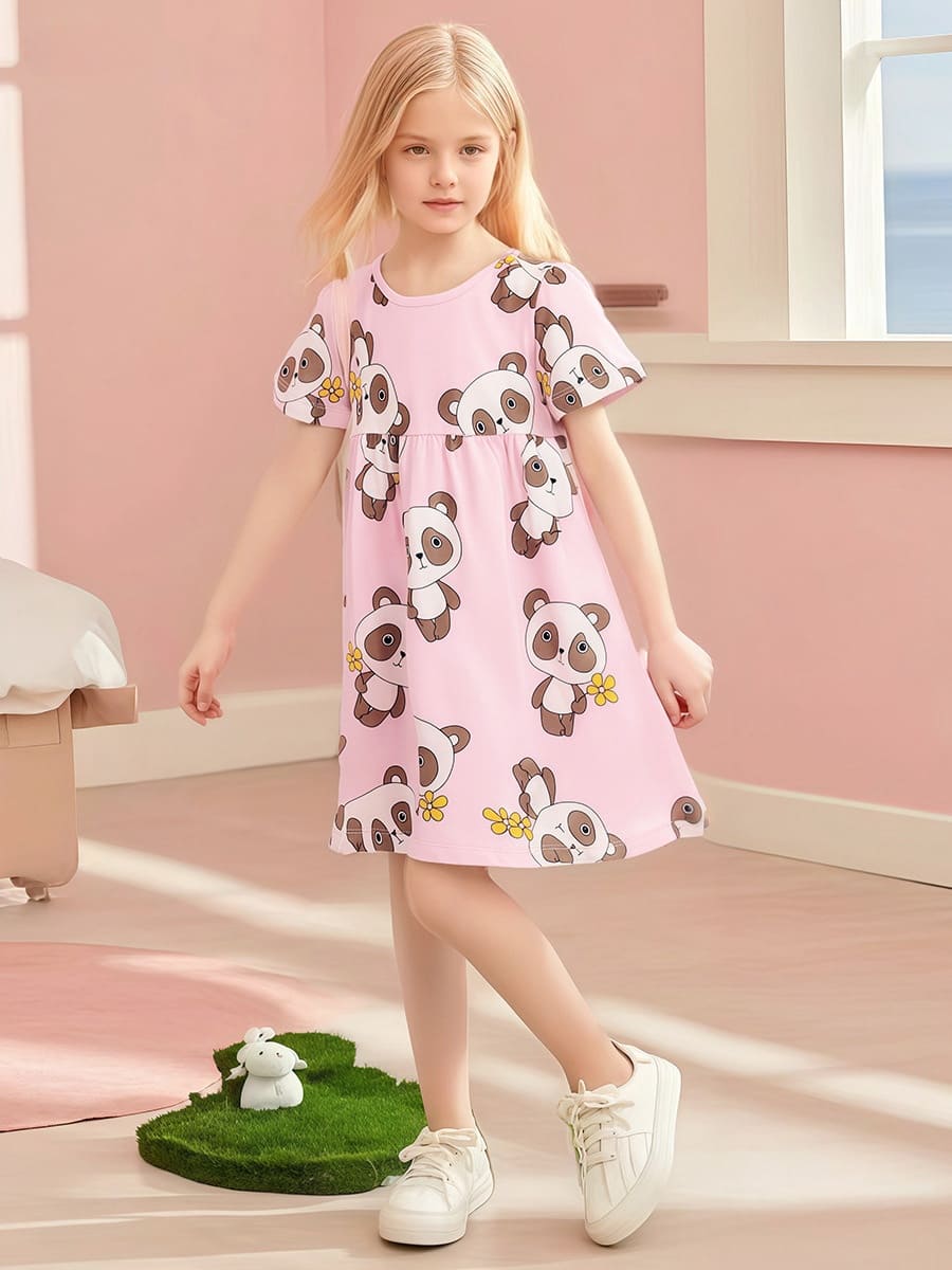 Little Maven Adorable Panda Print Cotton Short Sleeve Dress for Kid Girls 