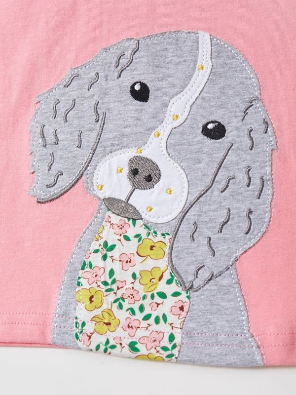 Little Maven Kid Girls Cotton Short Sleeve Tee with Cute Dog Patch