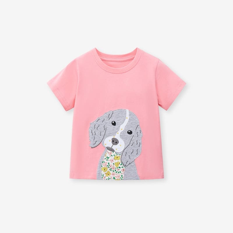 Little Maven Kid Girls Cotton Short Sleeve Tee with Cute Dog Patch