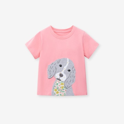 Little Maven Kid Girls Cotton Short Sleeve Tee with Cute Dog Patch