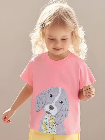 Little Maven Kid Girls Cotton Short Sleeve Tee with Cute Dog Patch