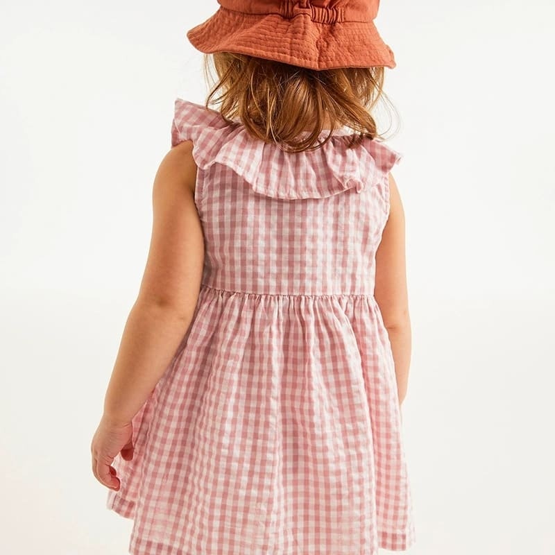 Toddler Girls Cotton Sleeveless Plaid Dress with Cute House Embroidery