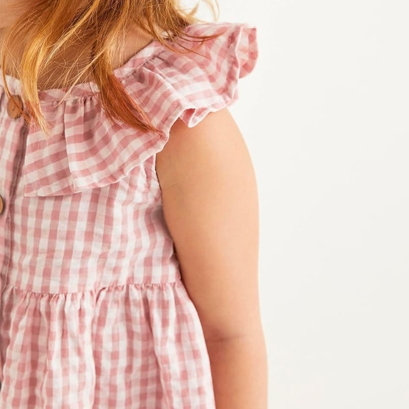 Toddler Girls Cotton Sleeveless Plaid Dress with Cute House Embroidery