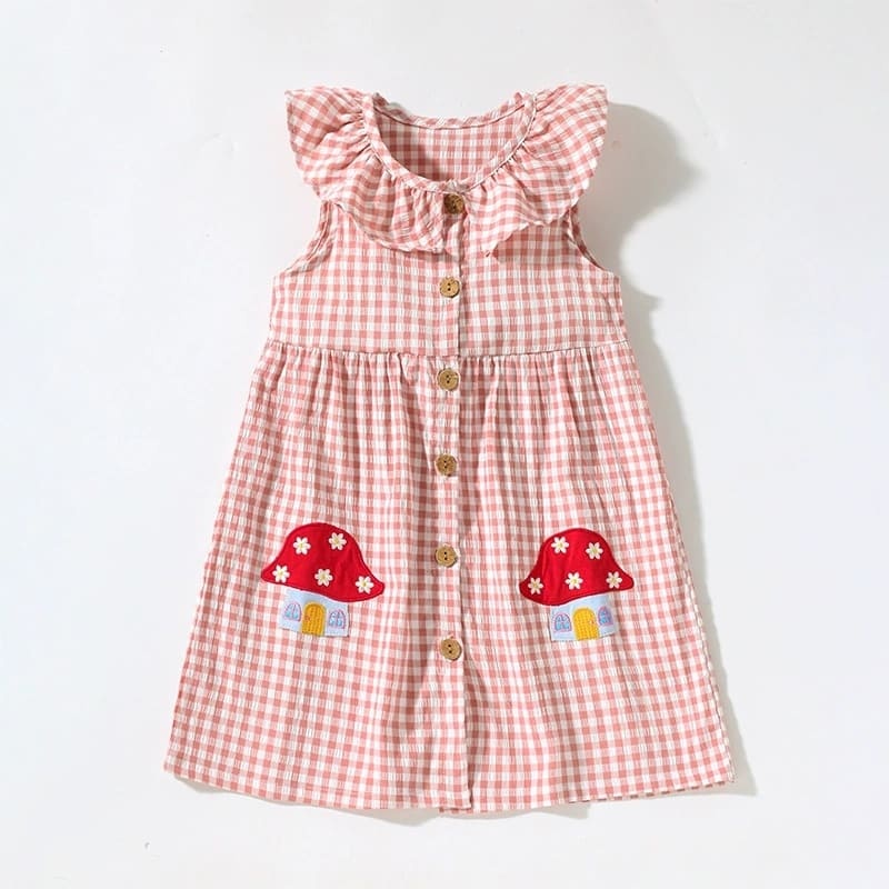 Toddler Girls Cotton Sleeveless Plaid Dress with Cute House Embroidery