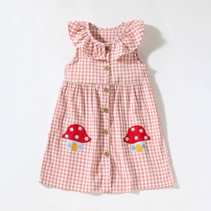 Toddler Girls Cotton Sleeveless Plaid Dress with Cute House Embroidery