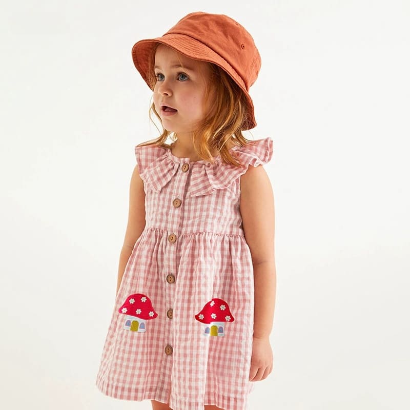 Toddler Girls Cotton Sleeveless Plaid Dress with Cute House Embroidery