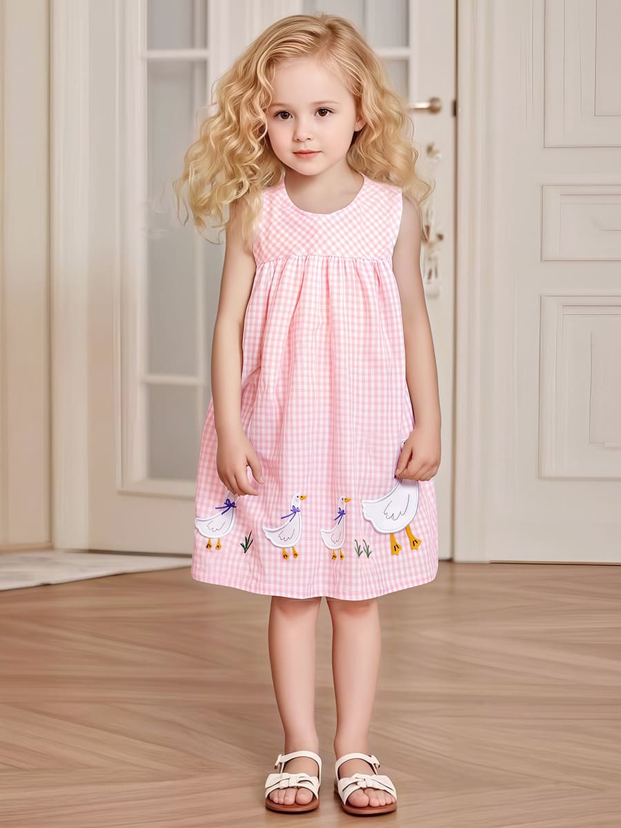 Kid Girls Cotton Sleeveless Plaid Dress with Duck Embroidery