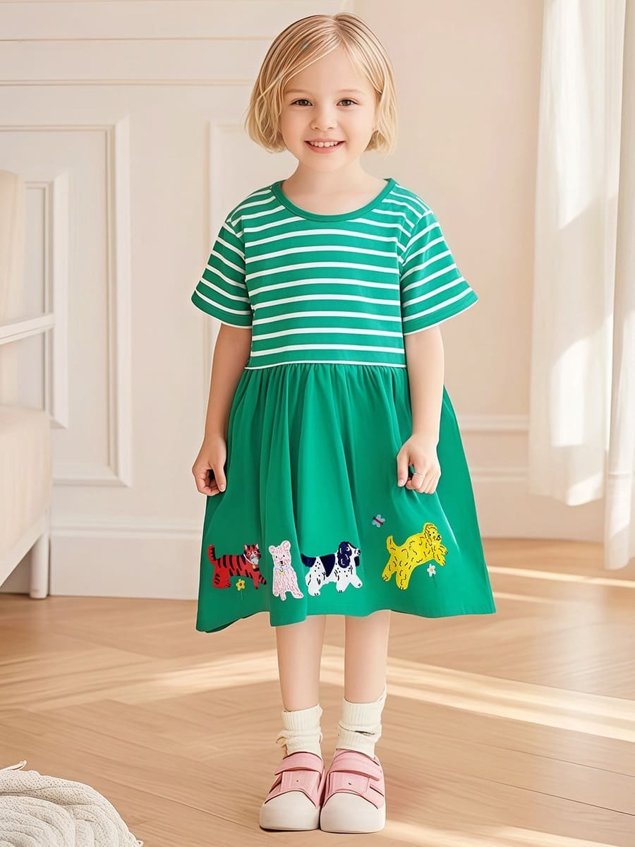 Little Maven Adorable Striped Cotton Dress for Girls with Playful Animal Embroidery