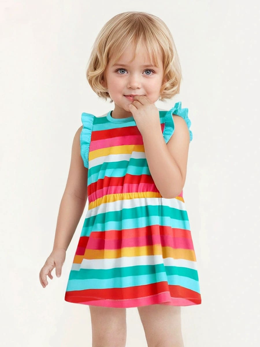 Little Maven Girl smiling in navy striped cotton dress holding ice cream cone