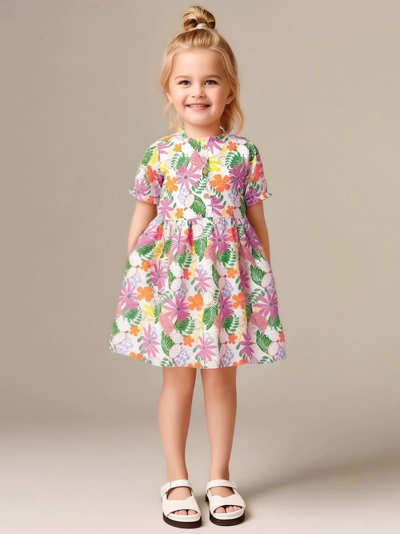 Elegant Cotton Princess Dress for Girls | Maple Leaf & Floral Print