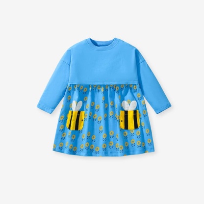 Toddler & Kid Girls Cute Bee & Flower Pattern Cotton Long Sleeve Dress